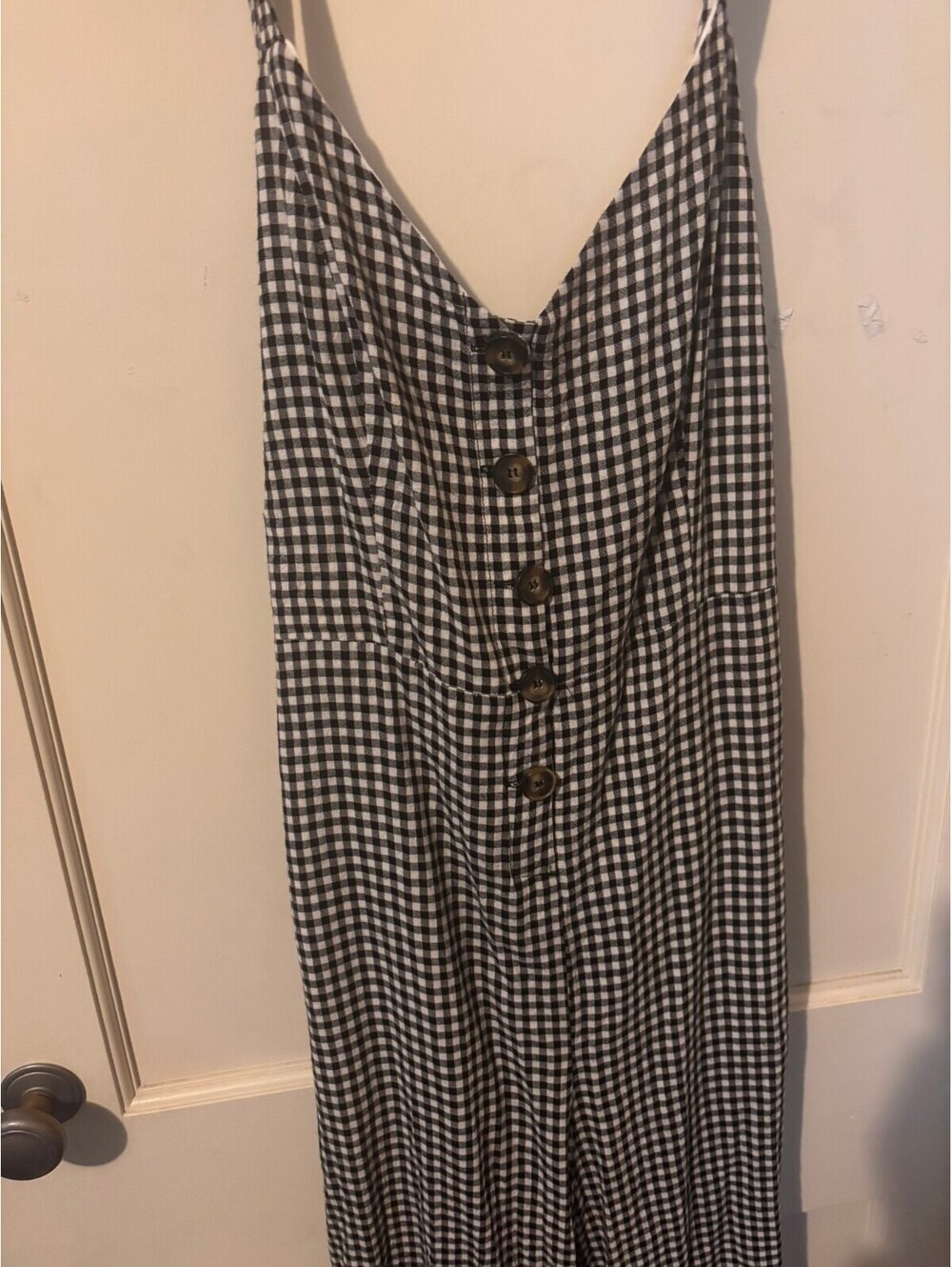 Essue Black and White Gingham Button Front Jumpsuit with Tie Back